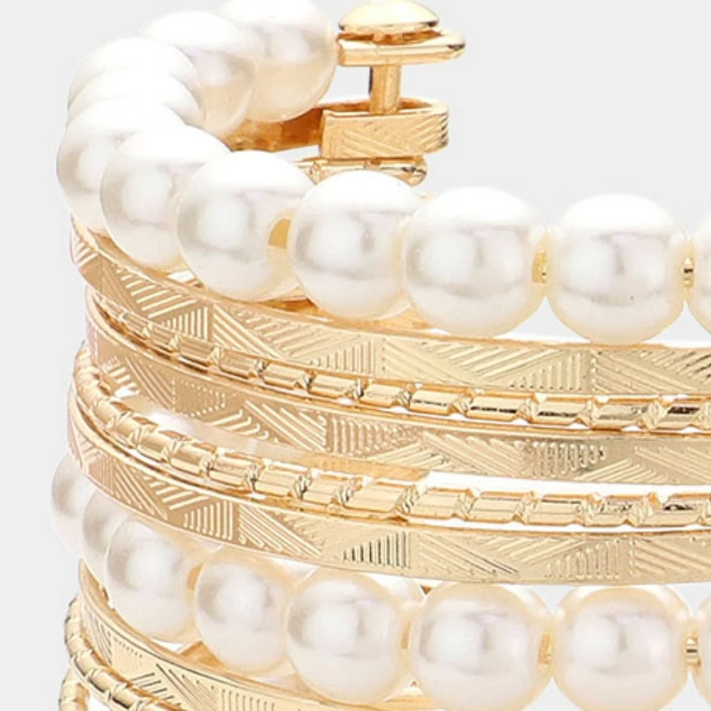 Gold Cream Pearl Layered Metal Cuff Bracelet Bangle Fashion Statement Accessory - Picture 2 of 3